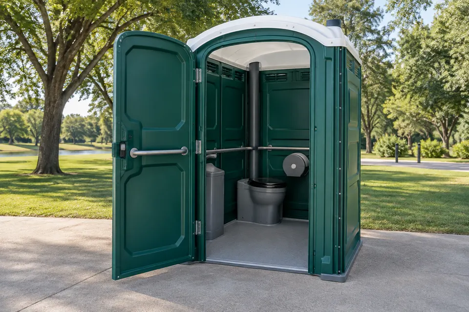 Accessible portable restroom and its wider entry