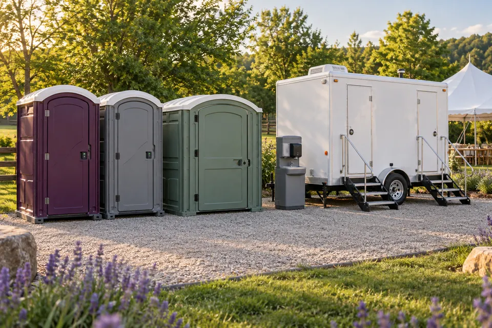 Standard, deluxe and accessible portable toilets, handwashing station and restroom trailer